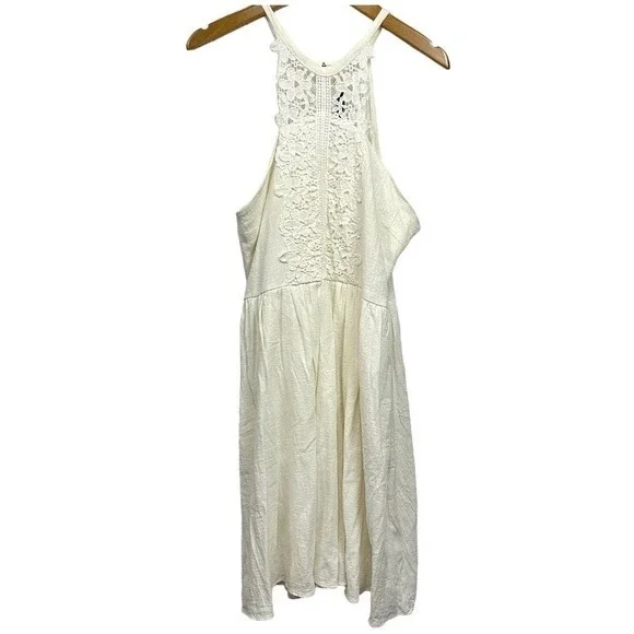 Doe & Rae Cream Lace Linen Cotton Cottage Coquette halter mini Dress Small boho - Picture 2 of 14